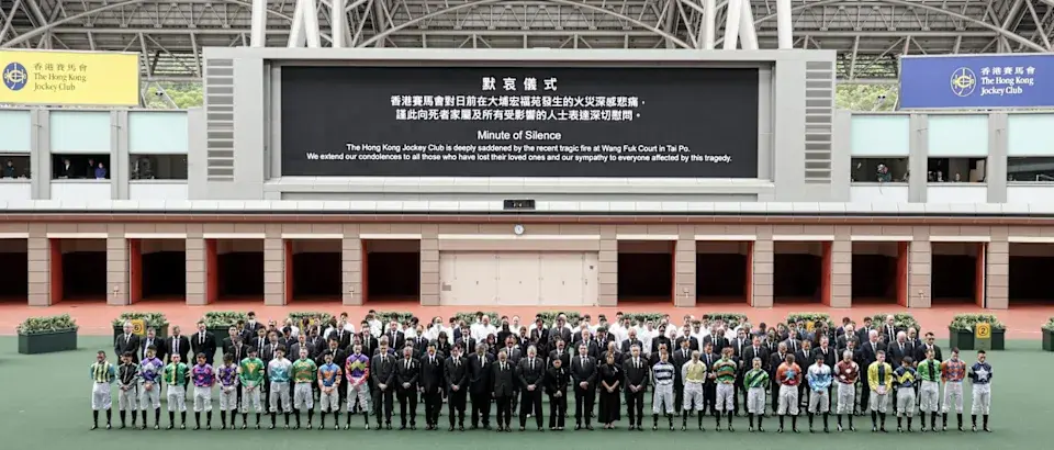 香港賽馬會昨天在沙田賽馬場舉行的賽事以閉門形式進行，悼念大埔宏福苑五級大火罹難者。(香港賽馬會)