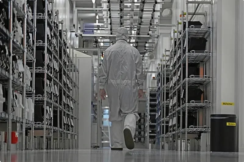 安世半導體的一名員工走過該公司的潔凈室。  翻攝自騰訊網