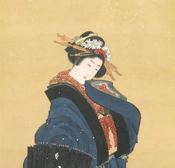 日本江戶時代浮世繪大師葛飾北齋的肉筆畫《雪中美人圖》，在東京都舉辦的東西新藝術拍賣會上，以6億2100萬日圓（含手續費）的天價成交。（來源：朝日新聞社）