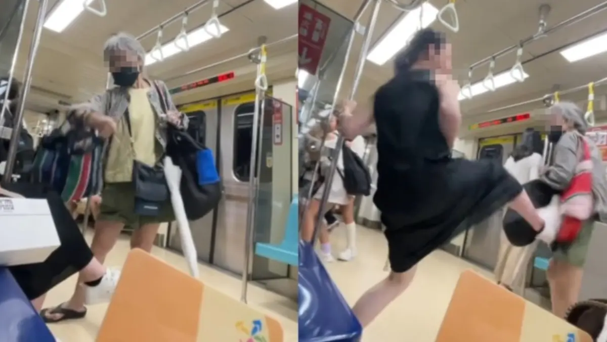 73 歲曾姓白髮婦人手持多袋物品與雨傘，不顧車廂內多個空位，執意向坐在優先席的男乘客逼座，在遭再次揮擊後男乘客起身踹向曾婦，致其跌坐對面空位。​(圖：視頻翻攝)