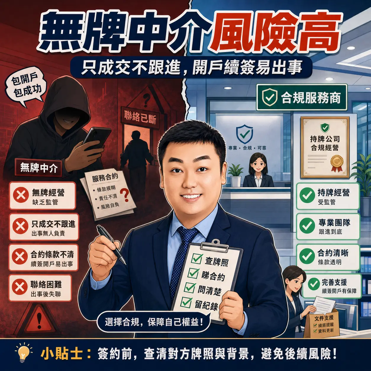 第四，無牌中介與不合規服務商，是很多風險的源頭。