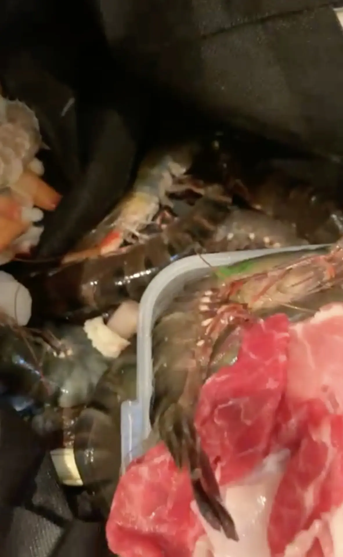 環保袋內的食材全部取出檢查，發現當中裝滿了蝦、生蠔、鮑魚、蟹、魚片、肥牛及出前一丁等。(圖：視頻翻攝)