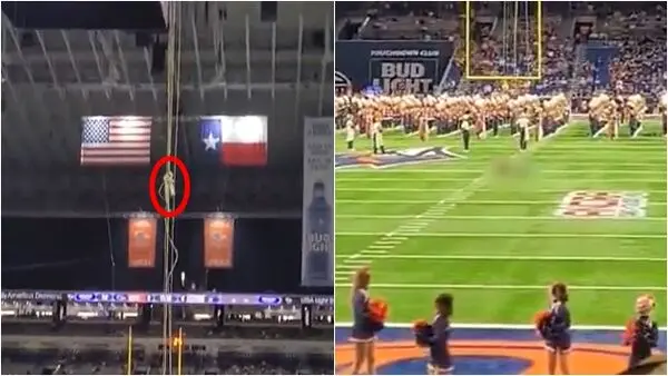 美國德州阿拉莫穹頂體育館（Alamodome）美式足球賽前軍人垂降表演發生悲劇，空軍士官帕特森從52公尺穹頂墜落，2.3萬觀眾目睹，現場瞬間死寂，送醫後宣告不治。（來源：X）