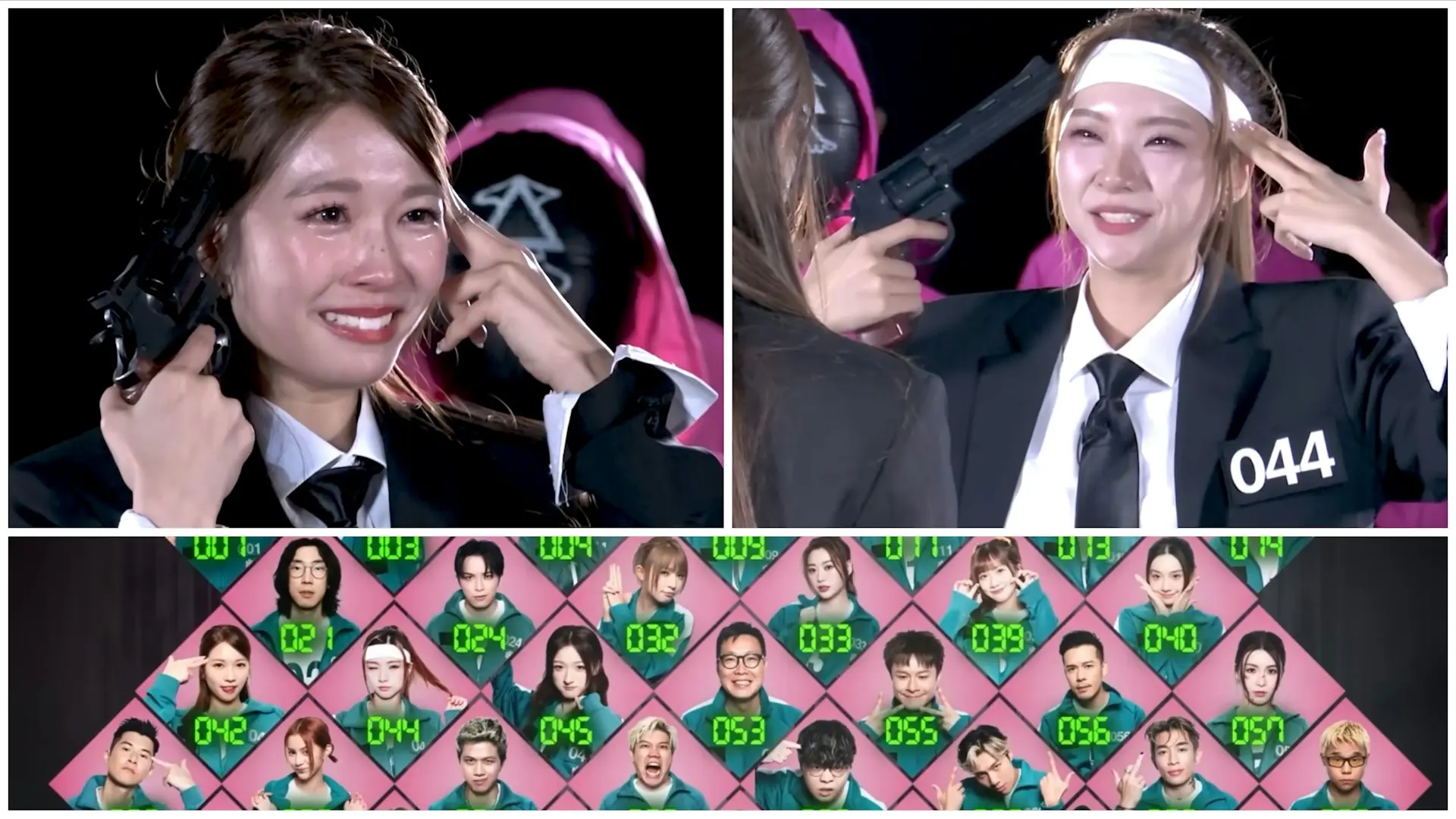 最終決戰上演 LollyTalk「內戰」,阿蛋對決隊友 Yanny,在擊敗 Yanny 後面臨「射 BB 或自殺」嘅人性考驗,佢選擇自殺後,主持人宣布槍中無子彈,阿蛋成功奪冠並獲 $100 獎金。(圖:視頻翻攝)