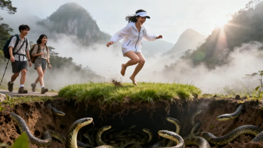 以為挖到「野外隱藏彈床」?中國江西女子蹦跳後才知竟是蛇窩!的封面圖片