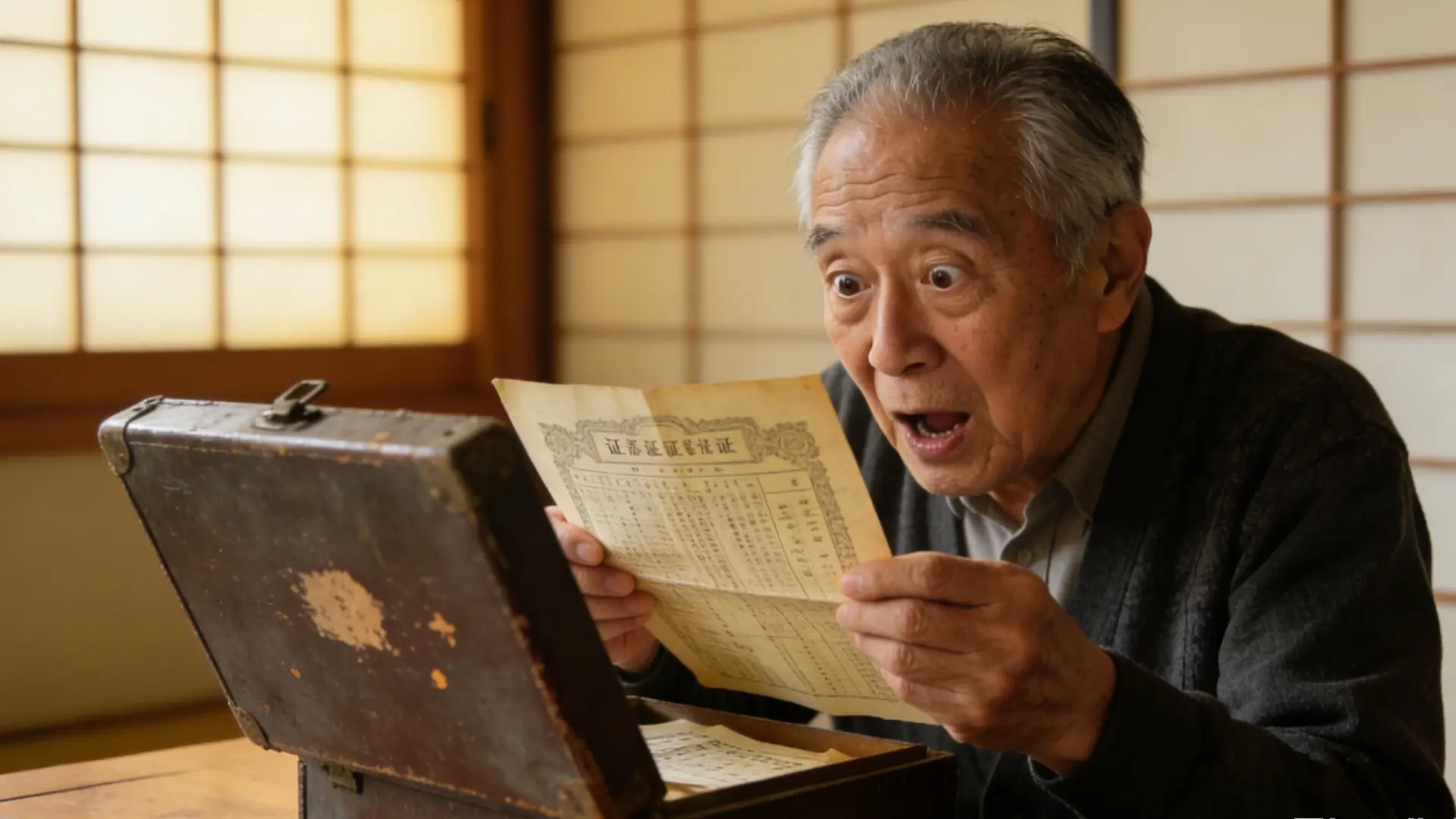 日本神奈川縣67歲佐藤健一與妻子靠每月22萬日圓年金拮據度日，整理老家時翻出30年前100萬日圓的通訊產業股票，因拆股與產業成長暴漲至8500萬日圓，ATM補摺見餘額手抖直呼不是夢。（示意圖來源：豆包AI）