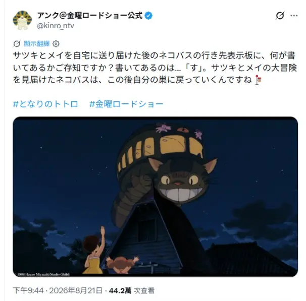 日本電視台重播經典動畫《龍貓》，官方曝光貓巴士絕密製作細節，不僅沒有駕駛座，送完兩姐妹後的神秘目的地更是暗藏暖心彩蛋，讓無數資深影迷驚呼長知識。（來源：X）
