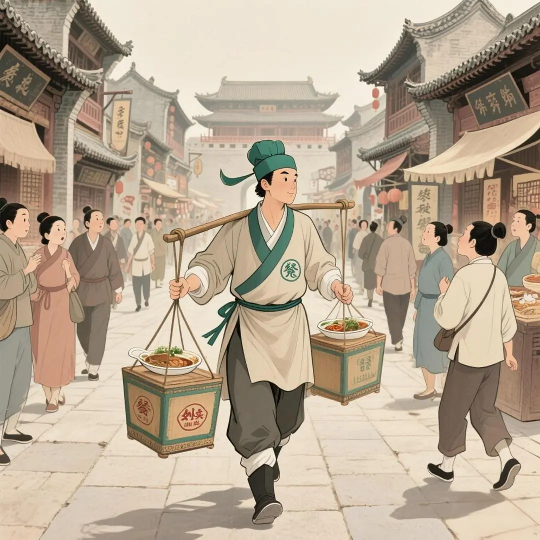 在中國古代，唐朝已有「立辦」外賣，長安酒樓備半成品，可速辦百人防宴席，另有「進士團」供宴會服務。宋代外賣普及，汴梁人常購外賣，「閒漢」送餐，明清時期服務更精細。出現了「盒子菜」與保溫技術，展現古人外賣服務的發展與智慧。（示意圖來源：網絡）