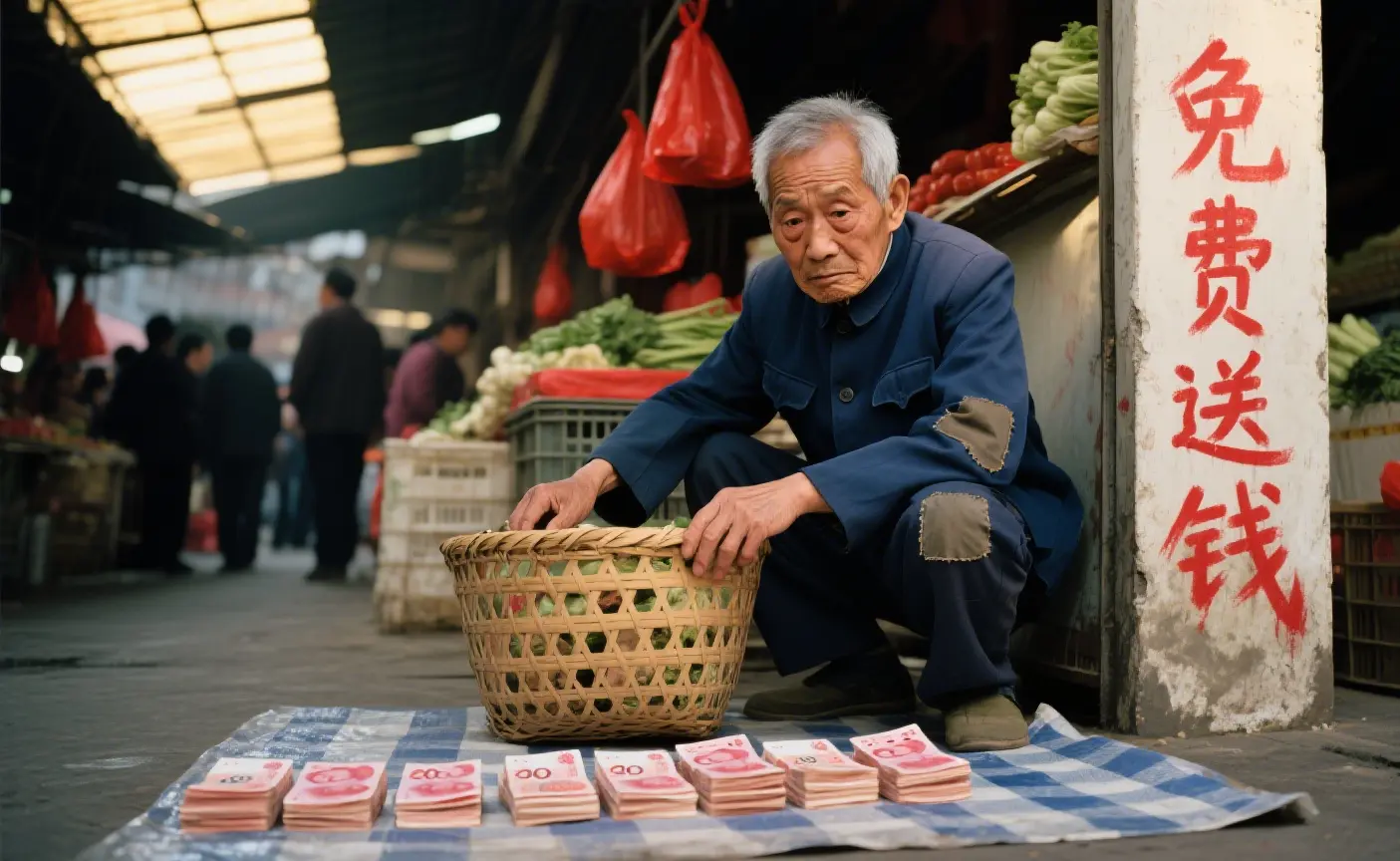 真假？浙江大爺菜市場擺地攤送20萬背後有何隱情。（示意圖來源：豆包AI）