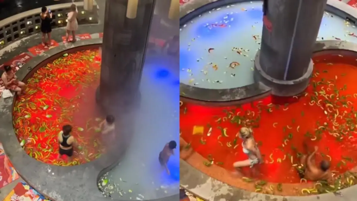 一邊是熱氣繚繞的「紅湯池」，看起來熱辣辣的；另一邊是冰涼的「白湯池」，透着清爽感，中間還用彎彎的隔板隔開，就像火鍋裡的分區。（來源：travel_withmonica@IG）