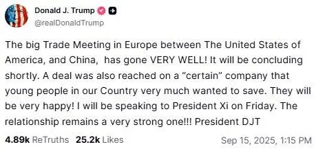 特朗普在旗下社交平台發文，形容會談「非常順利」，並暗示雙方就Tik Tok達成協議。（圖TruthSocial@realDonaldTrump）