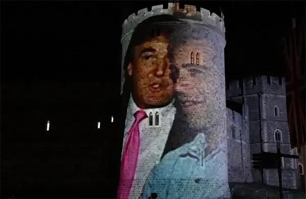 英國抗議人士在溫莎城堡外墻上投影特朗普與愛潑斯坦的影像。 視頻截圖