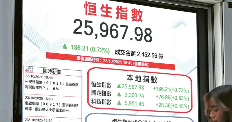 受中美高層貿易會談今日起在大馬展開消息刺激,港股昨止跌回升,升幅一度擴大至近300點後升幅收窄。(中新社)
