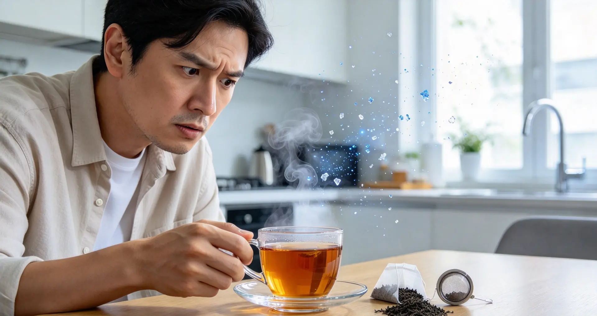 一項研究發現，塑膠茶包經95℃熱水沖泡後，一杯茶湯可釋出高達2498顆塑膠微粒，就算是PLA生物塑膠玉米纖維茶包，同樣存在釋放風險，相關化學物質也值得留意。（示意圖來源：藍莓卷）