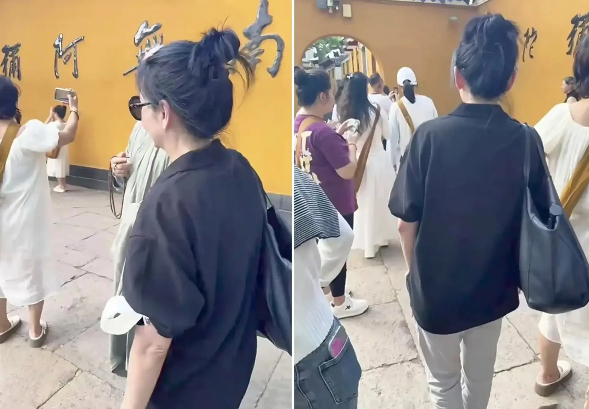 邱淑貞當天以全素顏狀態現身普陀山，頭綁清爽丸子頭，臉戴墨鏡，簡約穿搭難掩優雅氣質。(圖：翻攝小紅書)