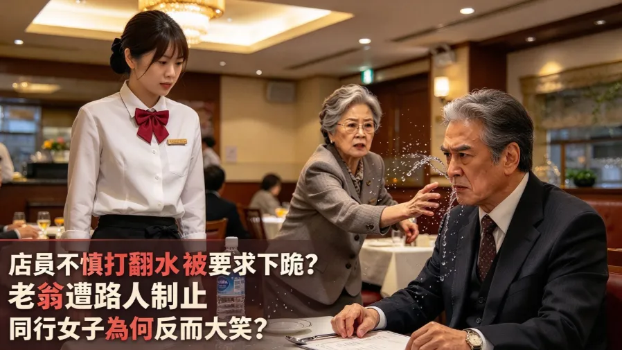 日本店員不慎打翻水被要求下跪？老翁遭路人制止，同行女子為何反而大笑？的封面圖片
