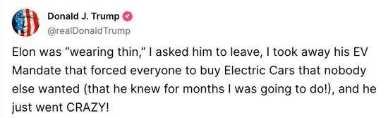 美國總統特朗普隨後又在其社交媒體平台「真實社交」上發文稱,埃隆·馬斯克已開始「失去理性」。