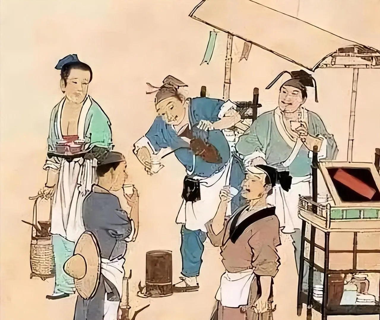 在中國古代，唐朝已有「立辦」外賣，長安酒樓備半成品，可速辦百人防宴席，另有「進士團」供宴會服務。宋代外賣普及，汴梁人常購外賣，「閒漢」送餐，明清時期服務更精細。出現了「盒子菜」與保溫技術，展現古人外賣服務的發展與智慧。（示意圖來源：網絡）