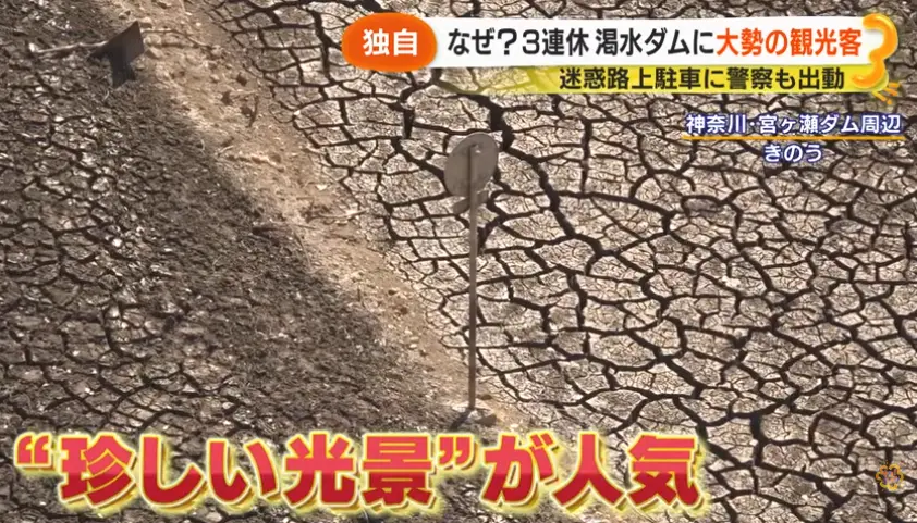 日本三十年罕見乾旱致宮瀨水庫水位驟降，40年古村落重現。大批遊客湧入引交通混亂，更有遊客捨命自拍闖危險區域，警示出行安全至上。（來源： サン!シャイン公式ch.@YouTube）