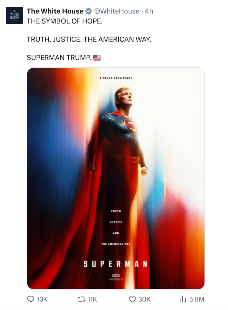美國白宮在社交媒體 X 發「特朗普超人」圖引爭議。（來源：The White House@X）