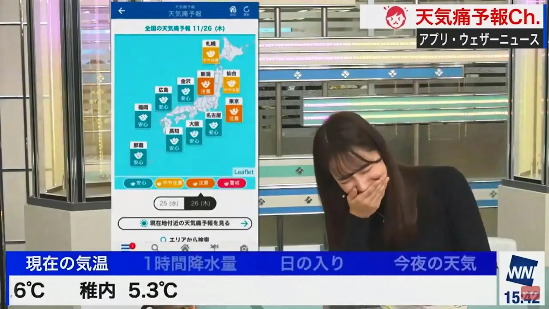 日本氣象主播武藤彩芽於《Weathernews LiVE》直播時手機畫面意外外洩，慌張遮機、嬌羞失笑的模樣圈粉無數，片段破五百萬觀看，也讓大家看見她真實不造作的一面。（來源：ch-ct6vc@YouTube）