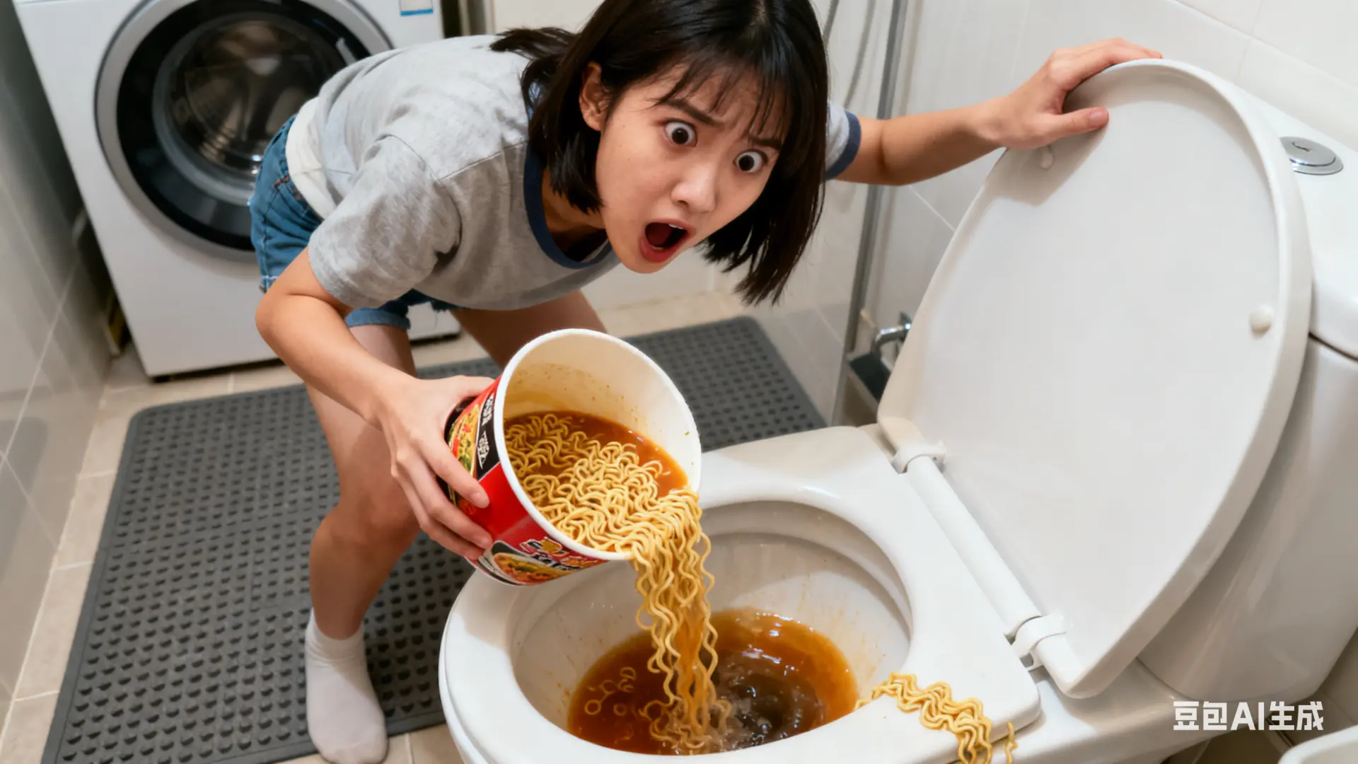 大家吃完泡麵後，常會隨手把剩餘湯汁倒入馬桶或水槽，這個看似平常的動作，其實藏著讓人後悔的「隱藏危機」！（示意圖來源：豆包AI）