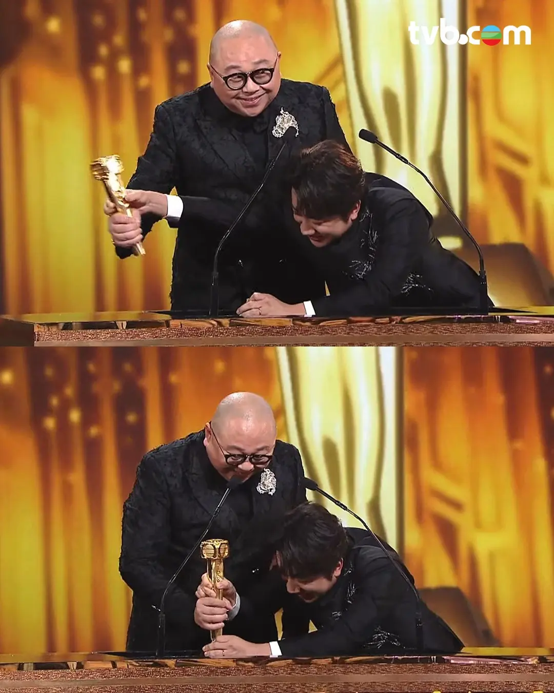 主持類獎項中，林盛斌（Bob）斬獲「最佳男主持」，車婉婉榮膺「最佳女主持」，其中Bob獲獎時因過度激動，不慎將獎座鋤斷，隨後承諾幫陳庭欣找男友，引發全場笑聲。(圖片：TVB@FB)