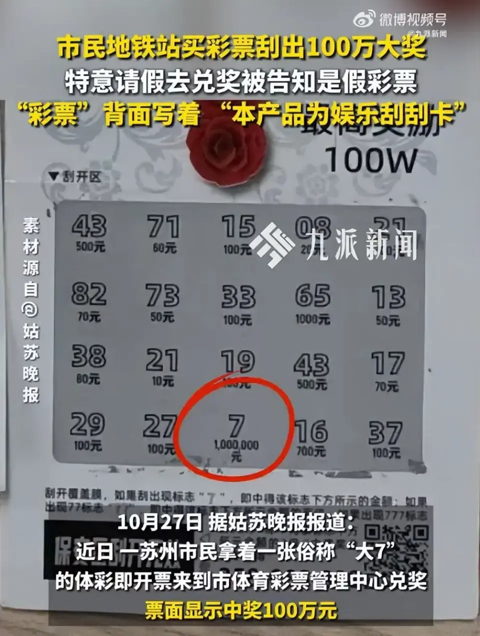 中國蘇州市民從地鐵流動攤販買「大 7」即開票，刮出百萬大獎後請假兌獎，卻被工作人員識破是假彩票，票面上藏有「娛樂用」免責條款。（視頻截圖來源：網絡）