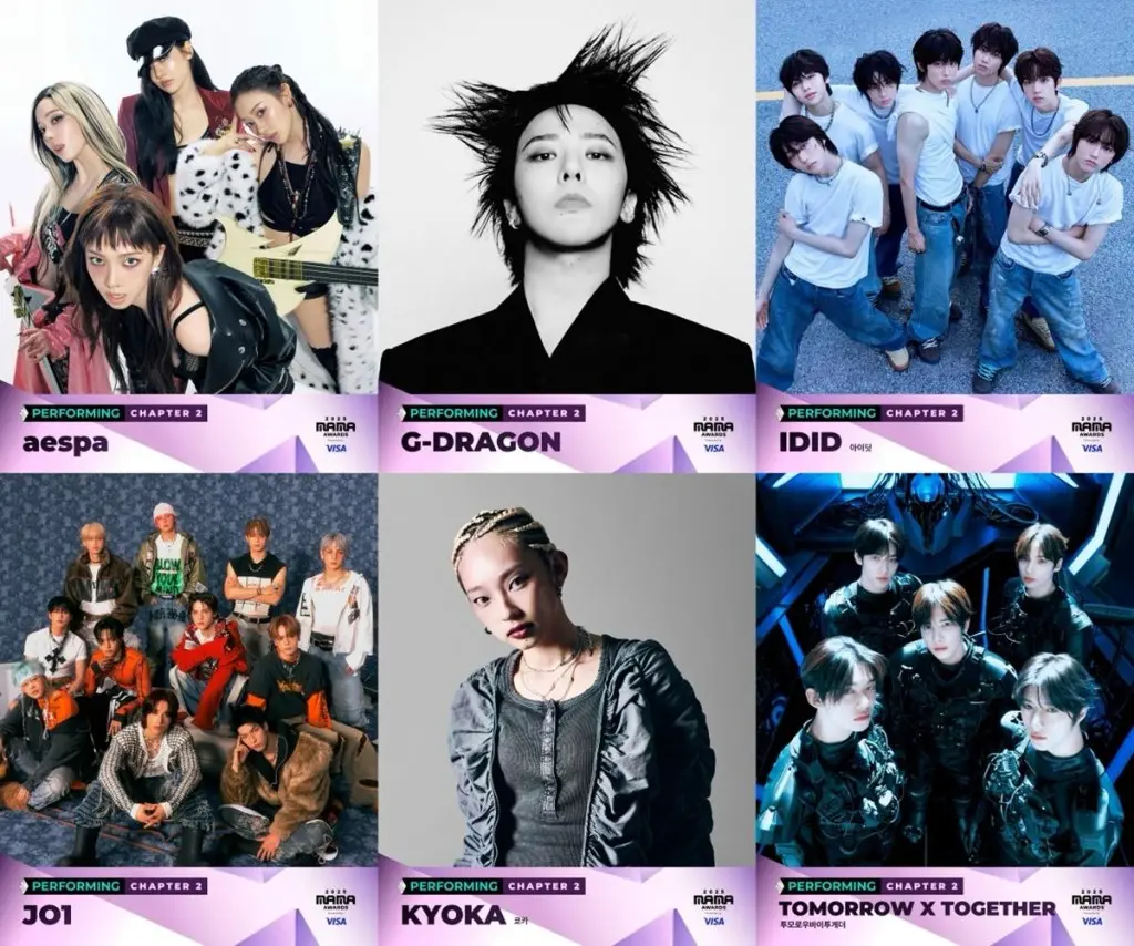 K-POP 傳奇人物 G-DRAGON 領銜壓軸，新晉人氣團體 aespa、TOMORROW X TOGETHER（TXT）、RIIZE、ZEROBASEONE 均在列，同時還有日本組合 JO1、舞者 KYOKA 等跨國嘉賓加盟。(圖：mnet_mama@IG)