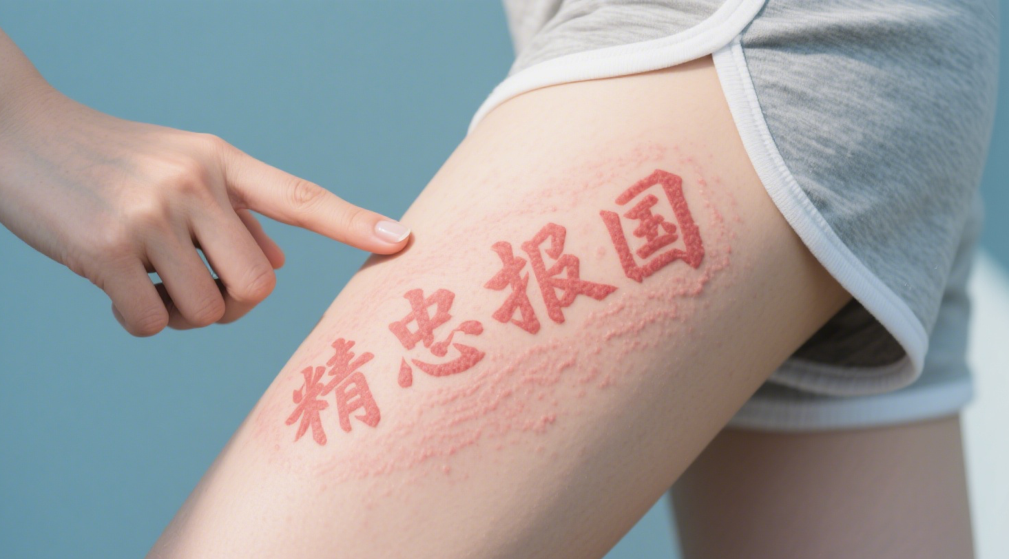 最近網上有位女士走紅，不是因為歌舞表演，而是憑藉大腿上的「絕活」—— 用指甲一划，皮膚立刻鼓起紅色痕跡，還能順利劃下「精忠報國」四個大字。（來源：豆包AI）