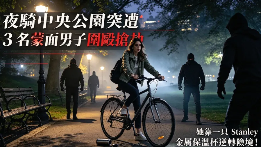夜騎中央公園突遭3名蒙面男子圍毆搶劫，她靠一只Stanley金屬保溫杯逆轉險境！的封面圖片