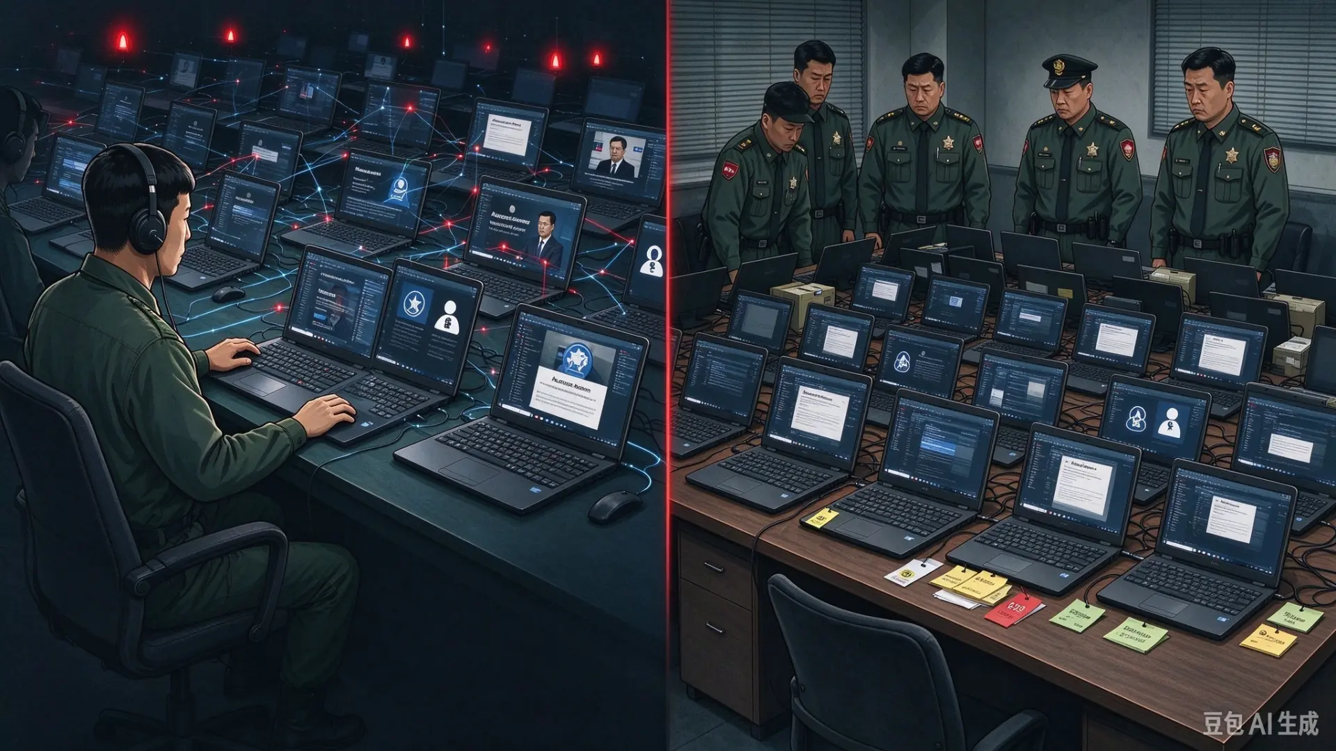 朝鮮IT人員冒用美國人身分應徵遠端職缺，透過德州多處「筆電農場（Laptop Farms）」遠端操作，逾70家美企受害，非法獲利超過300萬美元，美方起訴14人並發出最新風險警示。（示意圖來源：豆包AI）