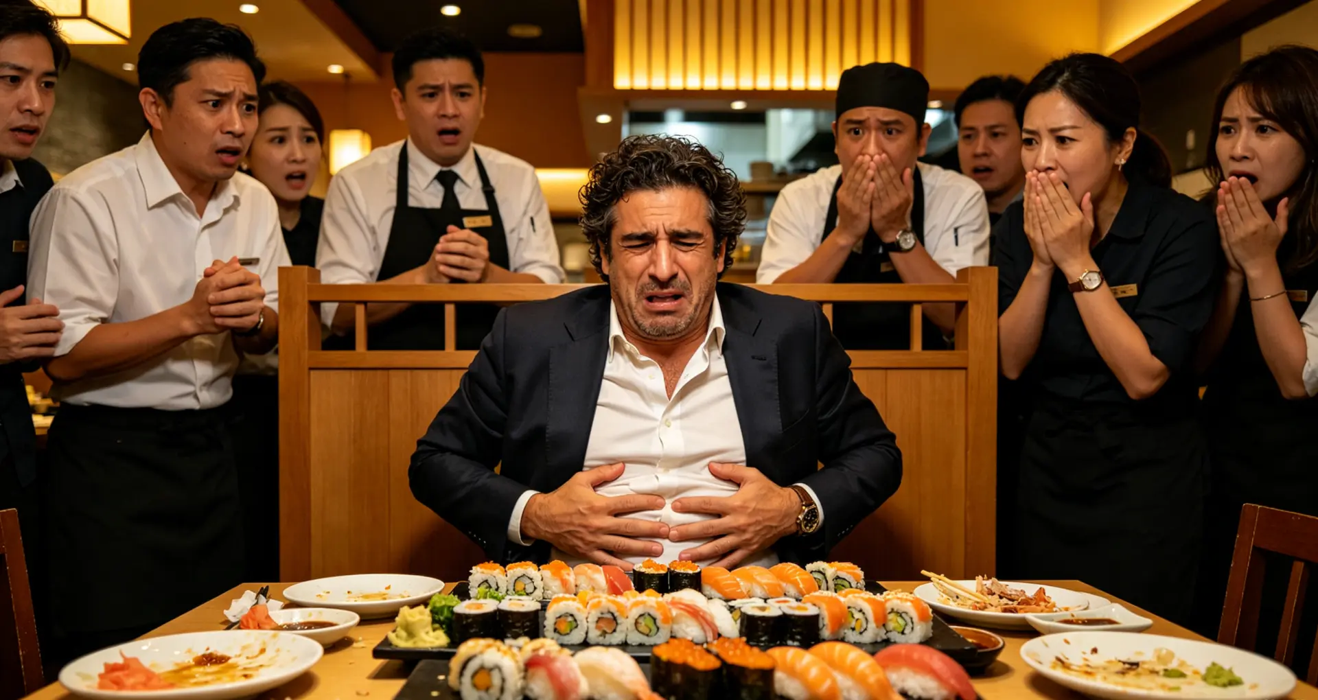 西班牙塞維亞省赫爾韋斯（Gelves）的Sushi Toro壽司吃到飽餐廳，因顧客吃到吐事件頻發，推出「嘔吐費」，若因過度進食嘔吐，餐廳有權加收費用彌補損失。（示意圖來源：豆包AI）