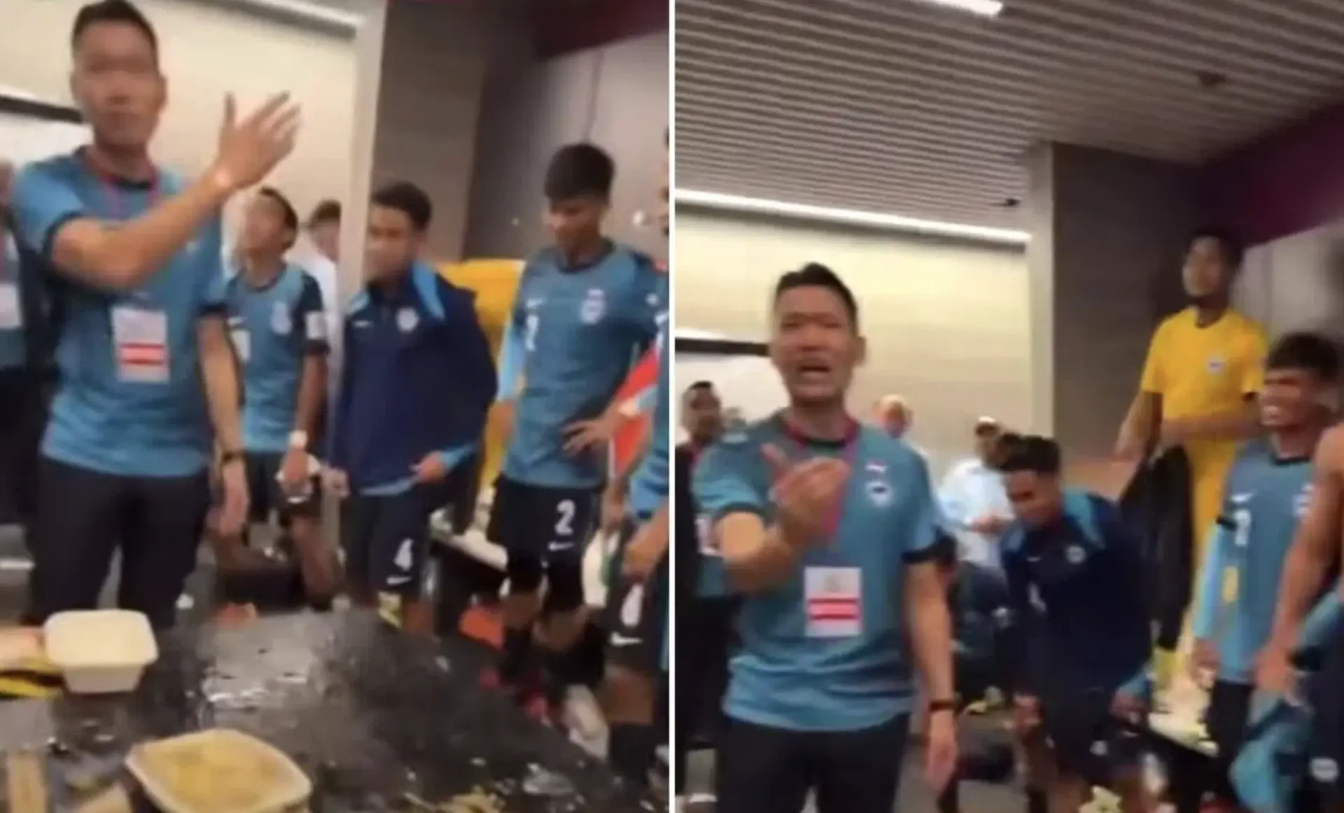 影片由新加坡球員直播時意外錄下，隨隊督戰的新加坡文化、社區及青年部署理部長梁振偉（David Neo）在歡呼聲中對球員喊道：「所有（香港）球迷都是一群該死的白痴，（他們的）球員也踢得像白痴一樣。但你們卻踢得像雄獅一樣。」(圖：視頻截圖)