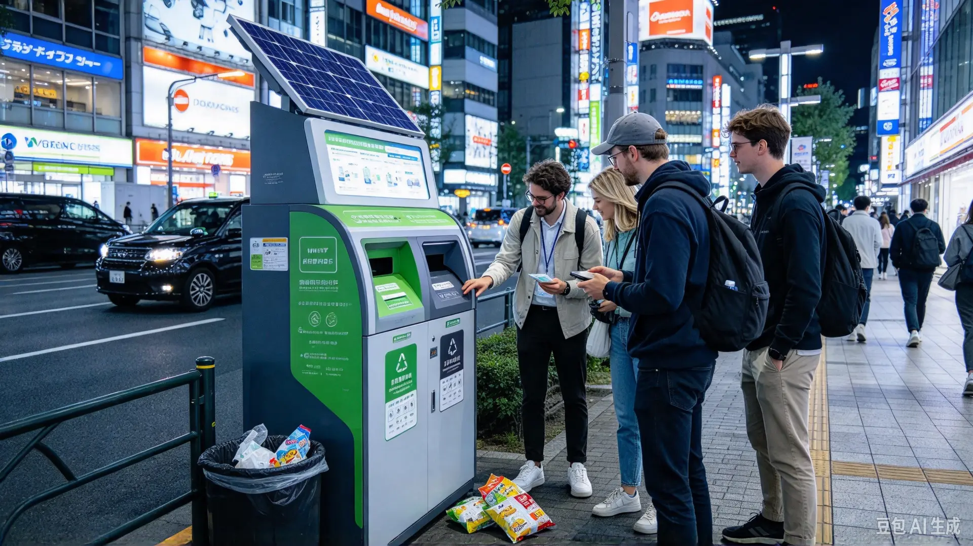 解封後訪日外籍遊客數量激增，東京新宿、奧多摩等地垃圾堆積問題惡化，在地居民苦不堪言。東京都規劃2028年推出新法重罰亂丟垃圾，遊客卻反映街頭垃圾桶稀缺，地方也試辦智慧垃圾桶尋求平衡。（示意圖來源：豆包AI）