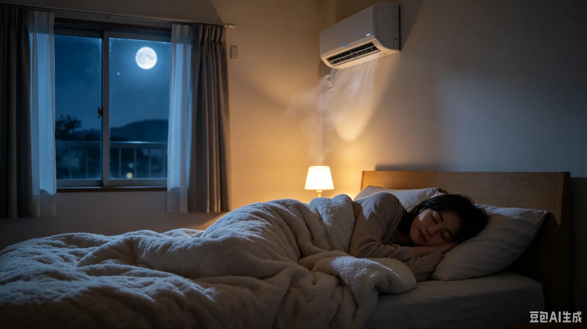 夏夜半夜關冷氣是多數人的習慣，日本睡眠專家梶本修身指出，此舉易造成室溫反彈、大腦無法散熱，提升中暑風險。建議冷氣開24-25°C整夜開啟、搭配蓋被，打造優質睡眠環境。（示意圖來源：豆包AI）