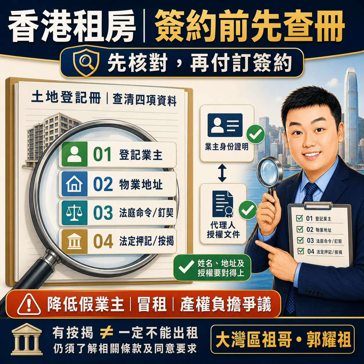 第五，簽約前一定要查冊，確認業主與物業狀態