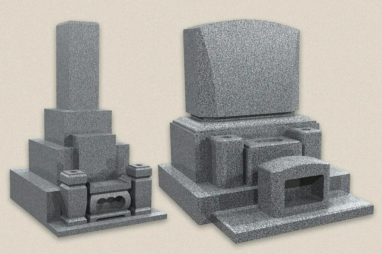 這張由電腦繪制的示意圖，左邊為日式墓碑，右邊為西式墓碑。（來源：日本全國優良石材之會）