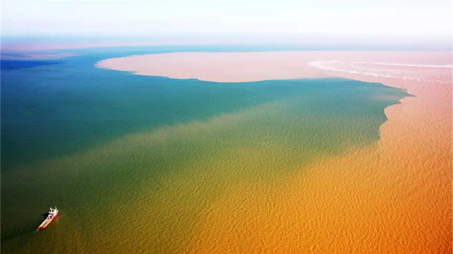 黃河河口附近並不是突然從淡水變成鹹水，而是有一塊鹽度逐漸升高的「緩衝區」。（示意圖來源：chinadaily）
