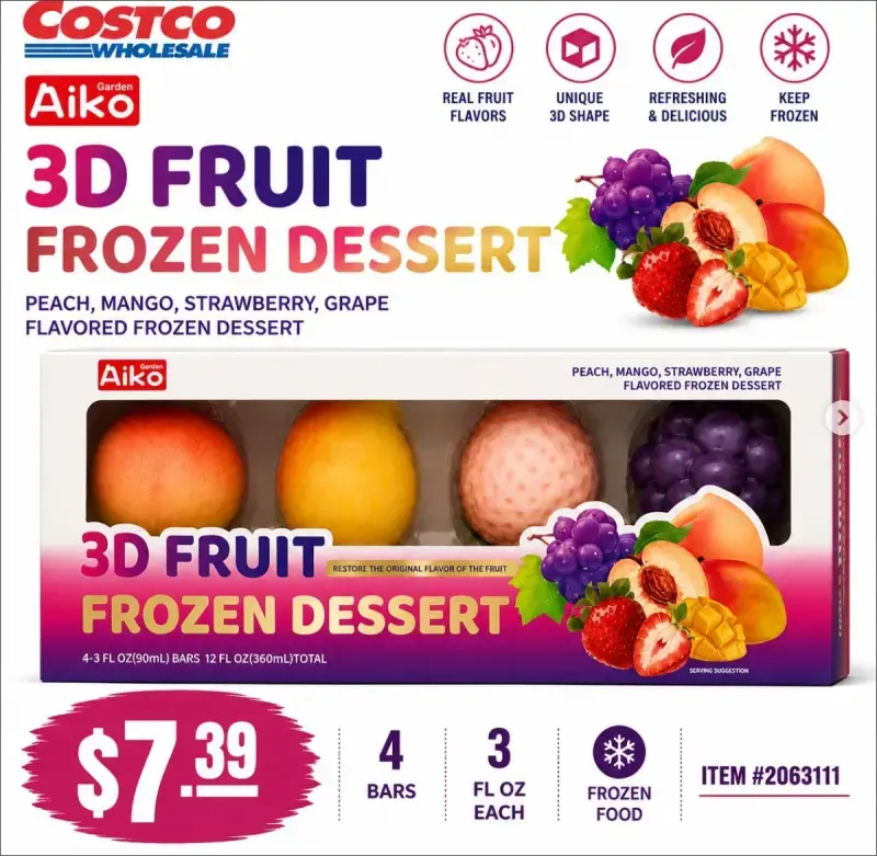 美國好市多爆紅冰品「Aiko 3D Fruit Frozen Dessert」外觀幾可亂真，單顆不到2美元引發搶購，不少人專程採買卻撲空，網友對於實際口味評價呈現兩極。（來源：網絡）