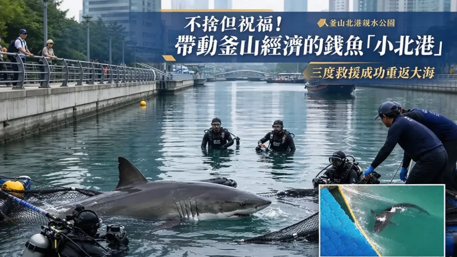 不捨但祝福！帶動釜山經濟的鯊魚「小北港」，三度救援成功重返大海的封面圖片