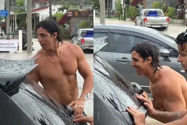 泰國普吉島大雨淹水，兩名外籍男子走入積水路段幫受困車主推車，影片在網上爆紅。網友認出其中一人是成人網紅陶哥（Gattouz0），他長期在當地贊助育幼院，暖心舉動引發熱議。（來源：X）