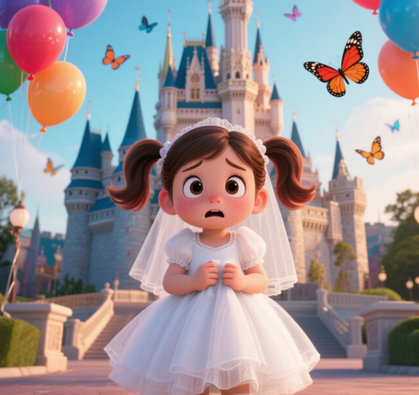 一個小女孩穿著婚紗，迷茫害怕地站在迪士尼城堡前面。（來源：豆包 AI）