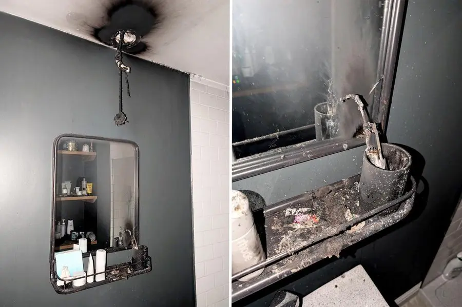 英國女子鮑爾斯家中未充電的Oral B電動牙刷深夜爆炸起火，浴室受損嚴重，幸得鏡框擋火逃過一劫，事後大廠僅願補償46美元。（來源：nypost@X）