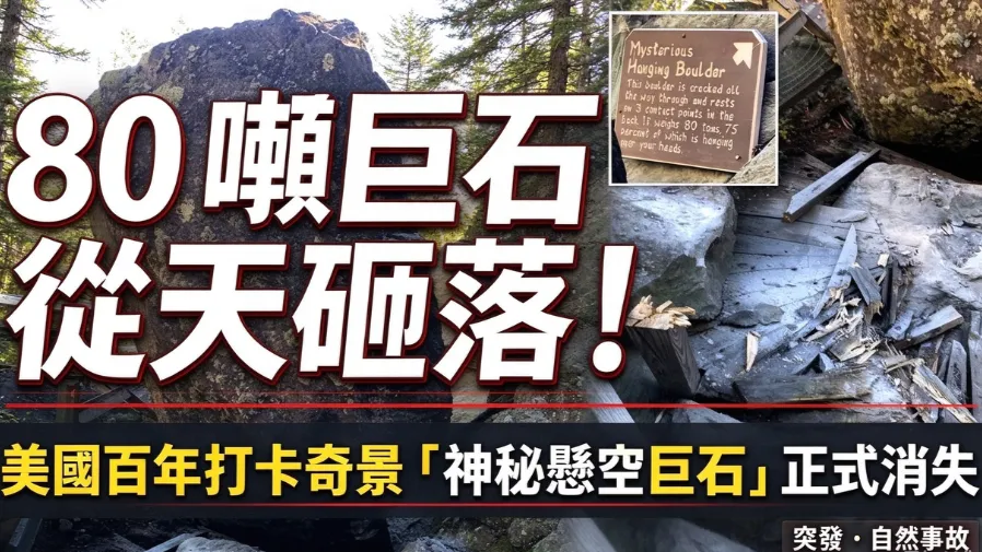 百年懸空奇景毀於一旦！美國80噸巨石轟然墜落步道，萬人打卡地點不復存在的封面圖片