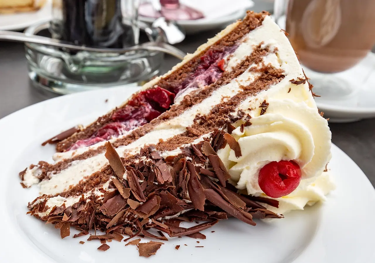 黑森林蛋糕（Black Forest Cake）命名與顏色無關，源自德國黑森林地區，其德文為Schwarzwälder Kirschtorte，配料融入當地櫻桃白蘭地，是風靡全球的經典德國甜點。（示意圖來源：pixabay）