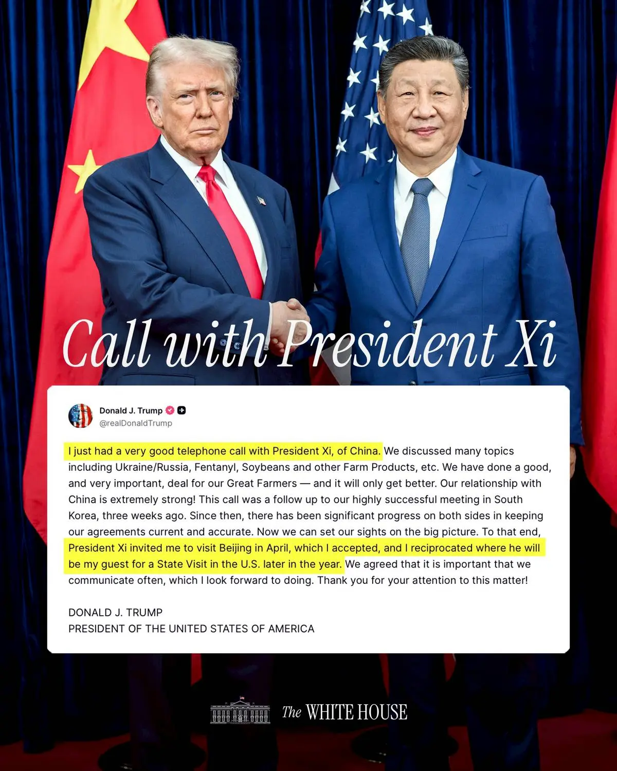 特朗普發文指受邀４月訪華。（圖/X@whitehouse）