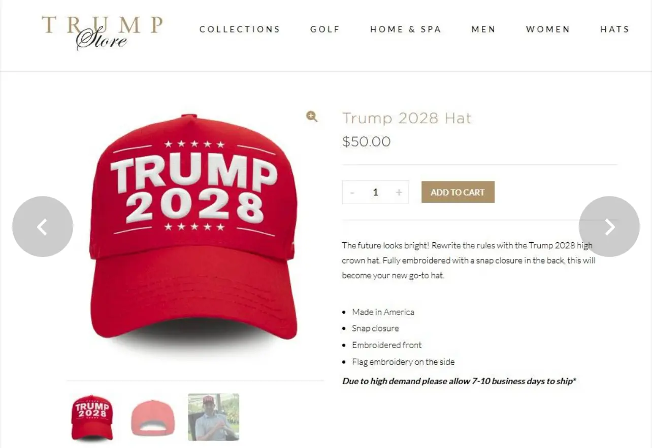 「Trump 2028」字樣的帽子在他的網上商店有售。(圖/Trump store)