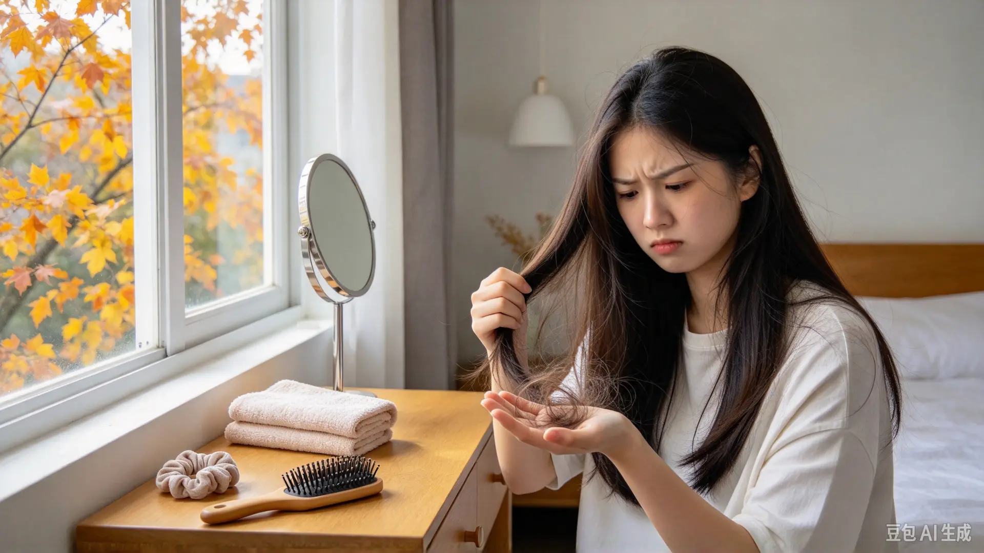 秋季氣溫、濕度劇烈變化，加上夏季紫外線累積傷害，多數人會出現季節性落髮、頭皮乾癢、出油混亂等問題。（示意圖來源：豆包AI）