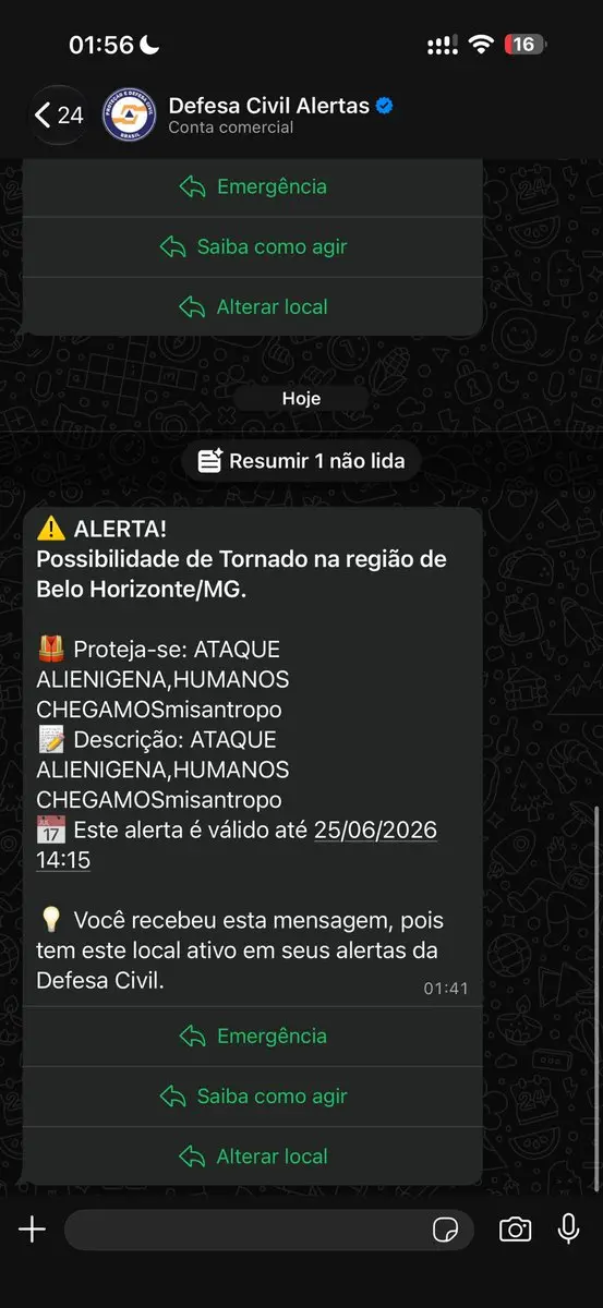 巴西各地民眾收到的警報內容相當混亂且詭異。（來源：Vanessa22820272@X）
